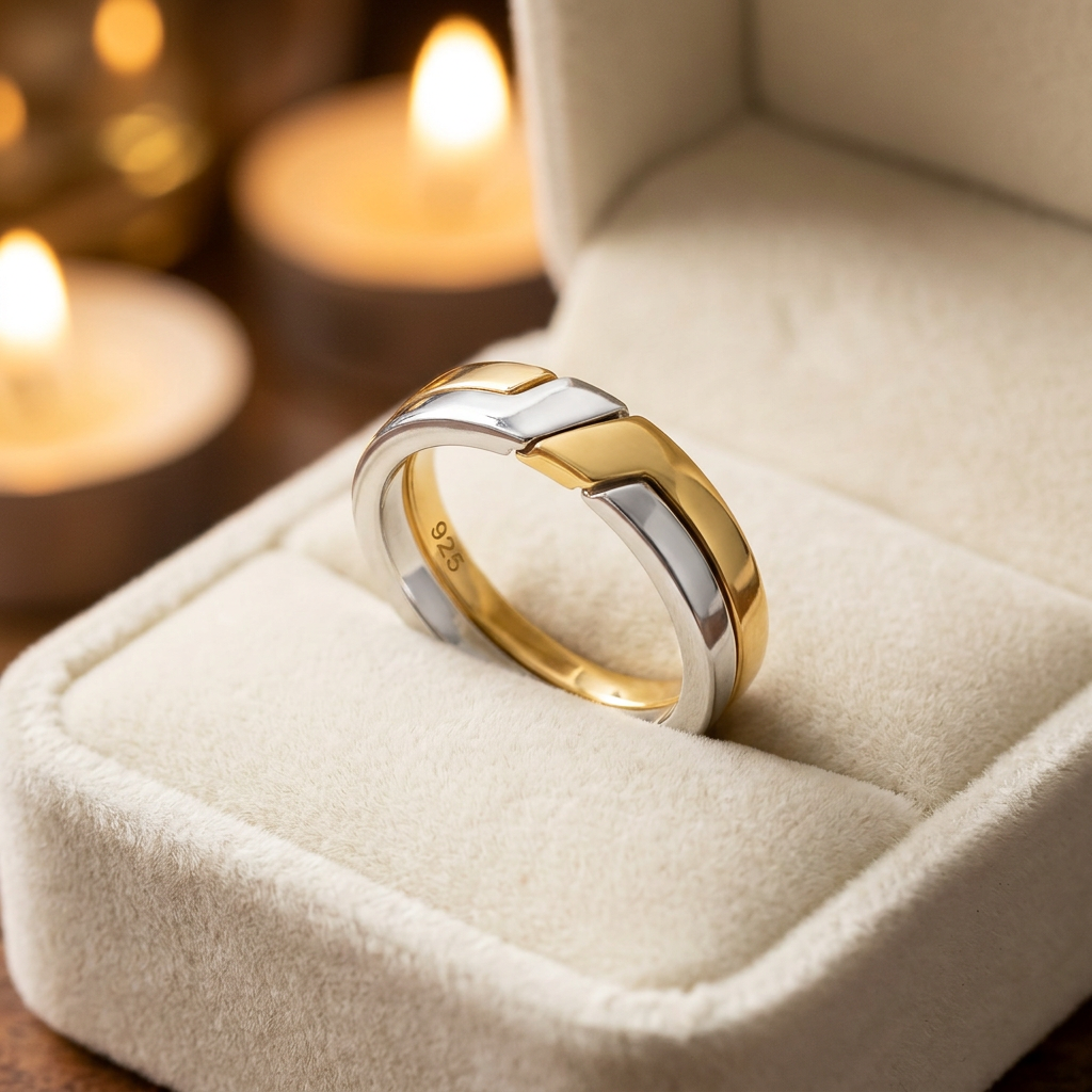 Gold Plated Sterling Silver 4.5mm Two Tone Puzzle Band Ring for Women life3