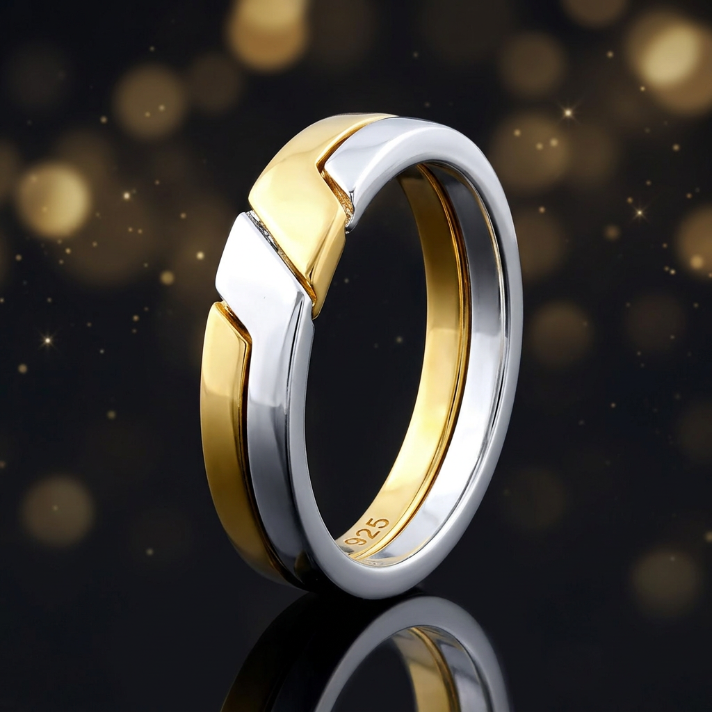 Gold Plated Sterling Silver 4.5mm Two Tone Puzzle Band Ring for Women life4