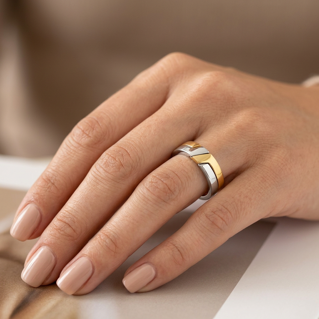 Gold Plated Sterling Silver 4.5mm Two Tone Puzzle Band Ring for Women model