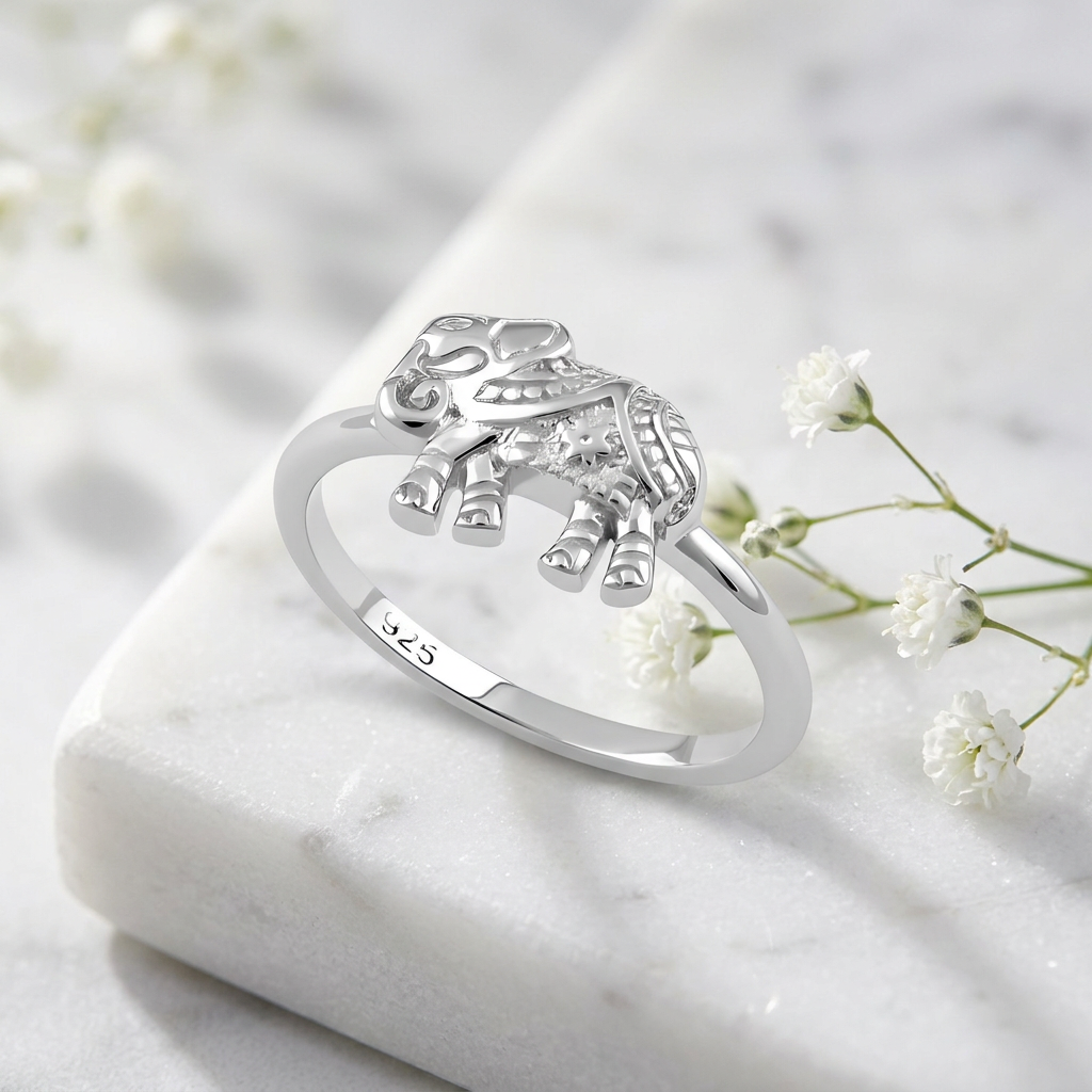 Sterling Silver 1.6mm Boho Decorated Elephant Ring for Women life1