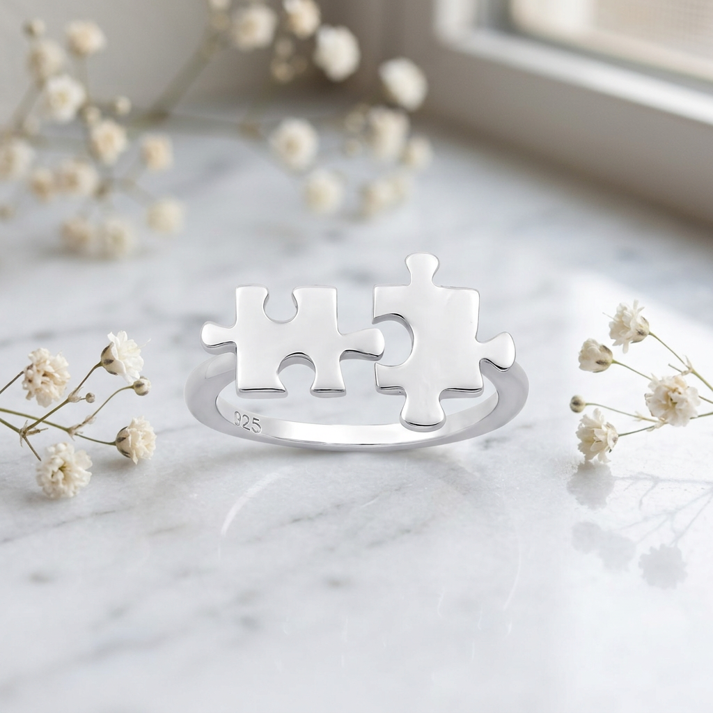 Sterling Silver Double Jigsaw Puzzle Piece Ring for Women life1