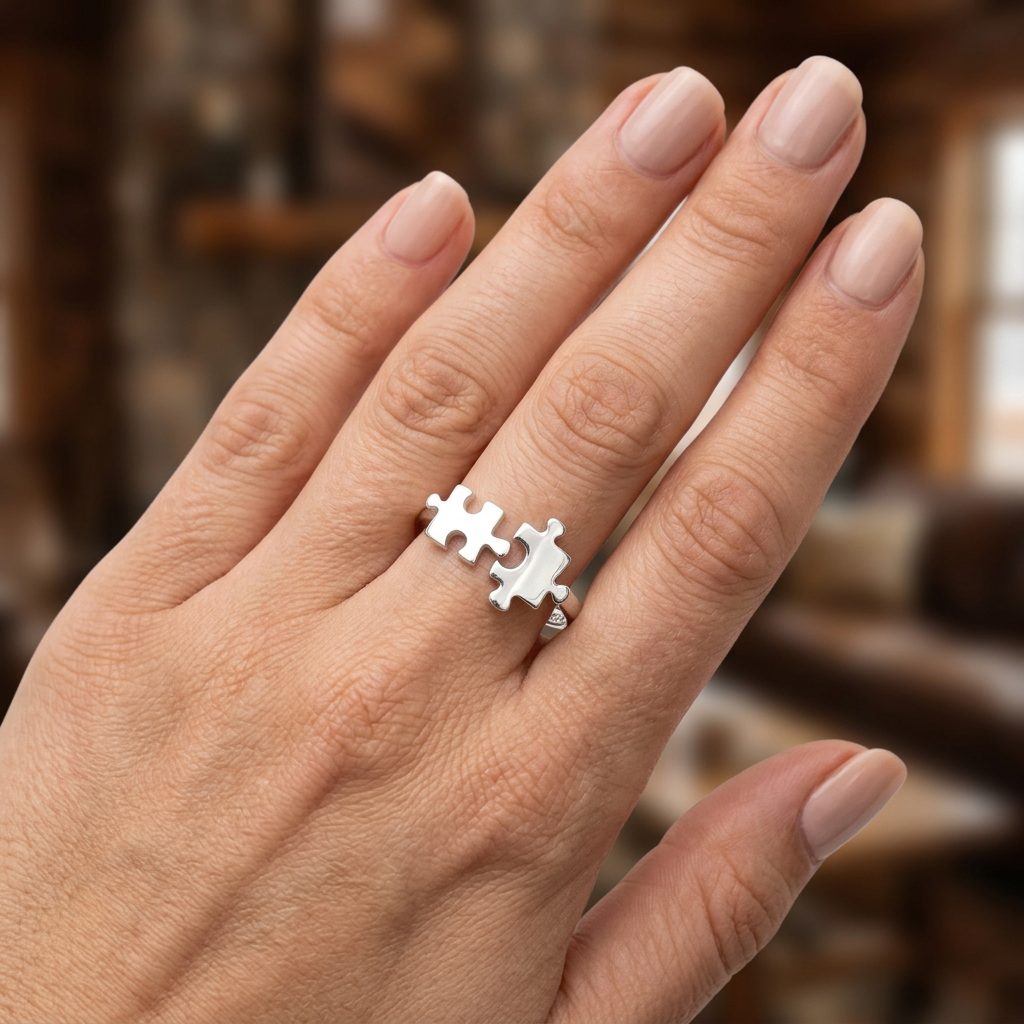 Sterling Silver Double Jigsaw Puzzle Piece Ring for Women model