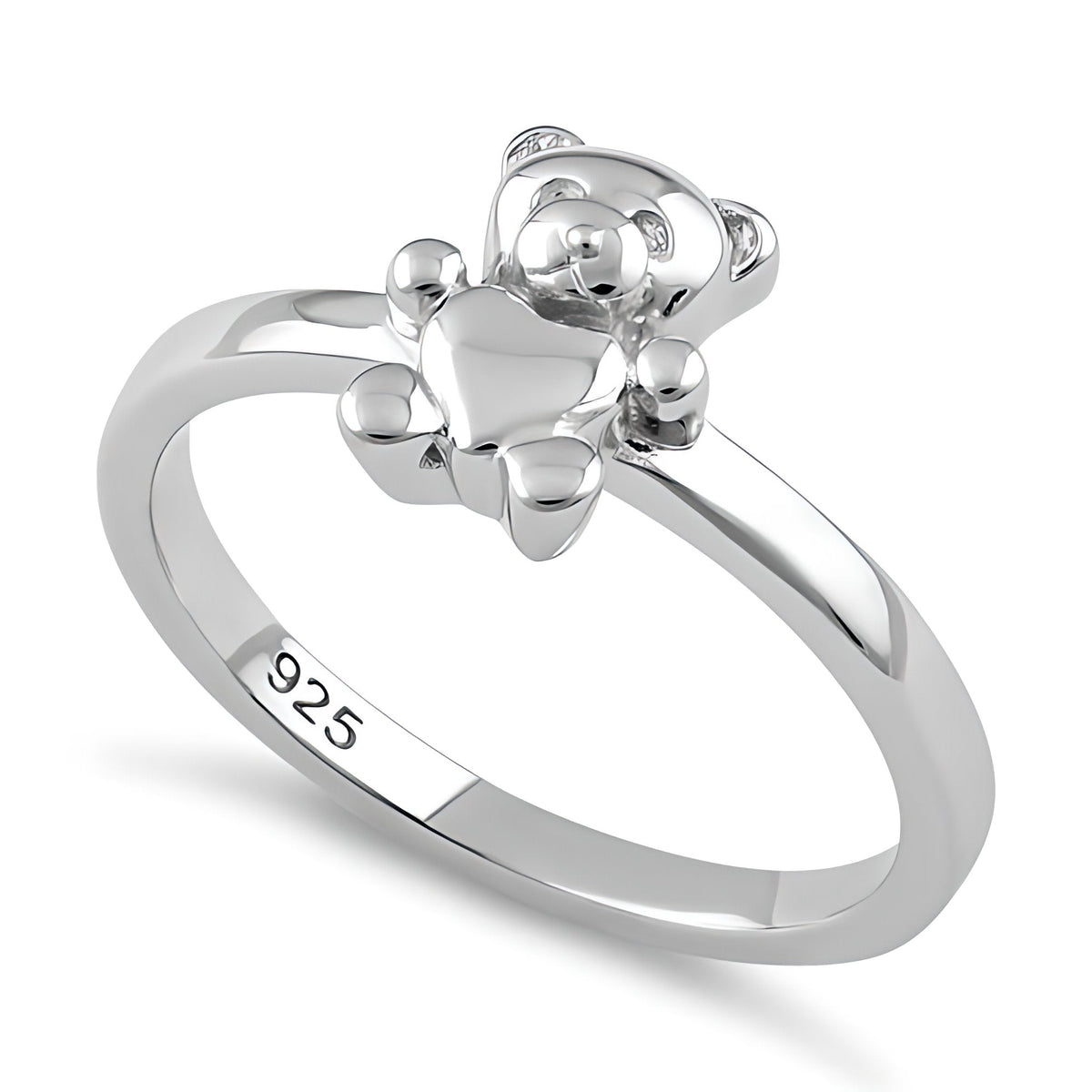 Sterling Silver 2mm Teddy Bear Holding Heart Cute Ring for Women