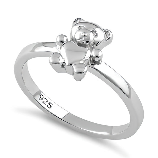 Sterling Silver 2mm Teddy Bear Holding Heart Cute Ring for Women