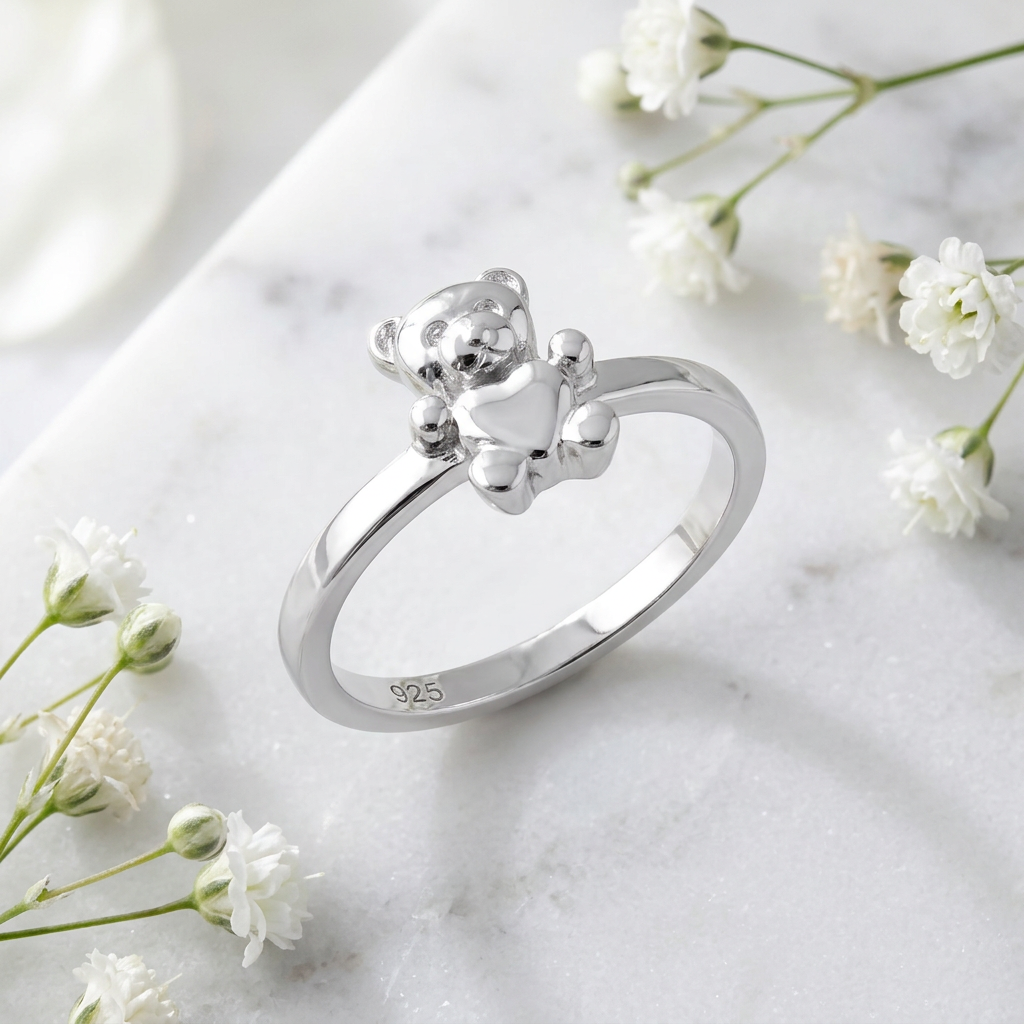 Sterling Silver 2mm Teddy Bear Holding Heart Cute Ring for Women life1