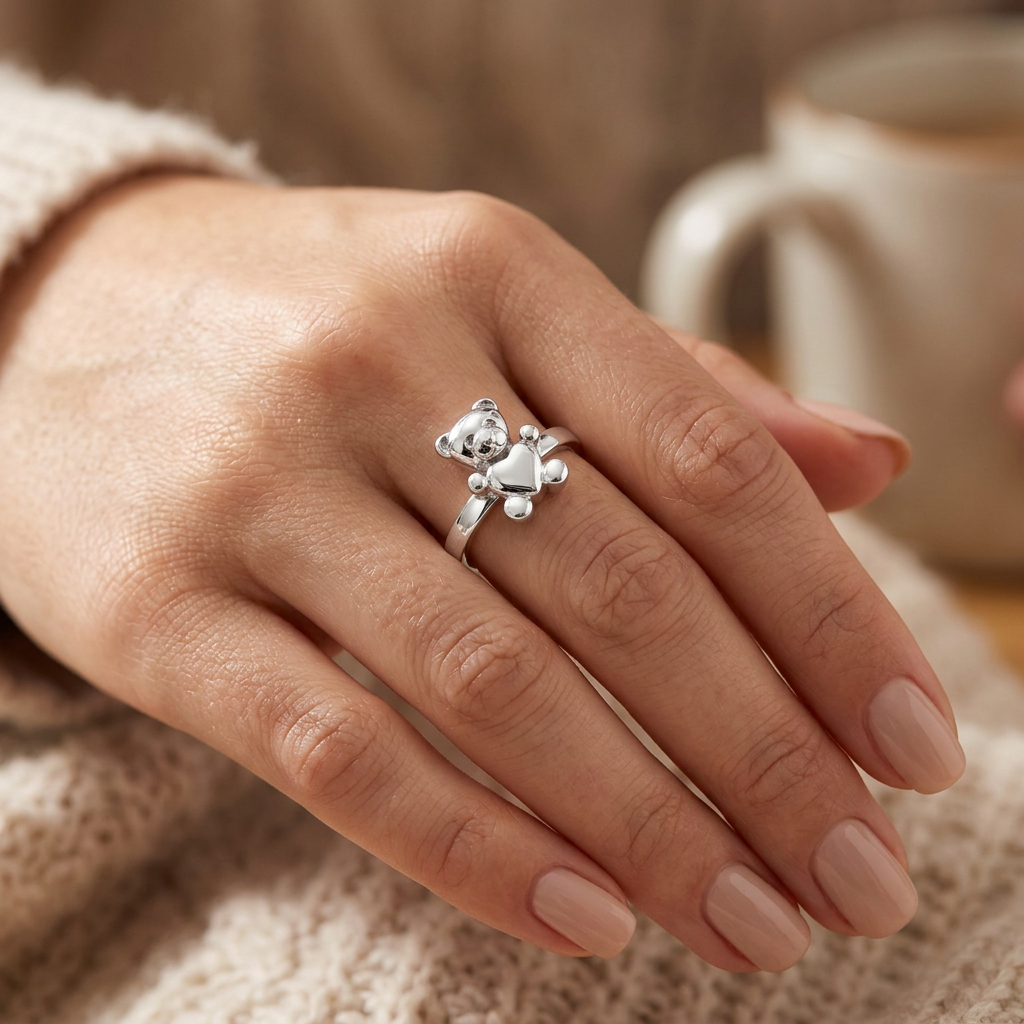 Sterling Silver 2mm Teddy Bear Holding Heart Cute Ring for Women model