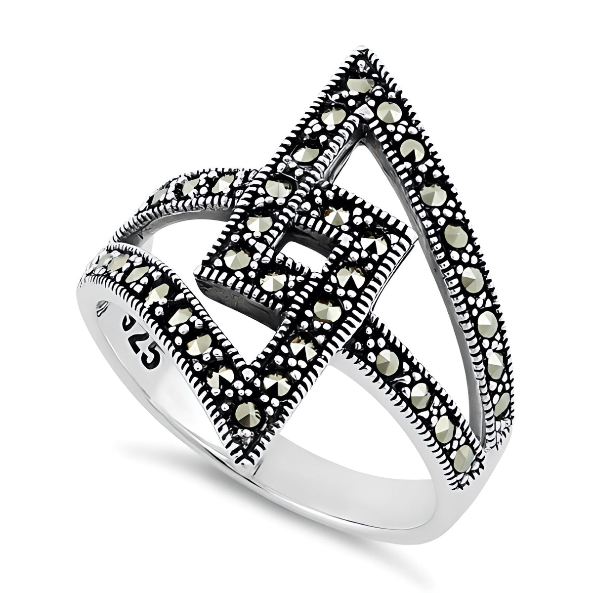 Sterling Silver Oxidized Marcasite Geometric Lightning Bypass Statement Ring for Women
