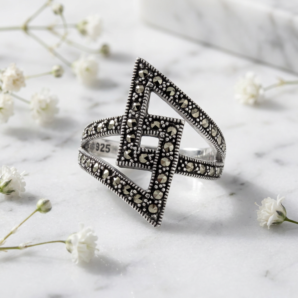 Sterling Silver Oxidized Marcasite Geometric Lightning Bypass Statement Ring for Women life1