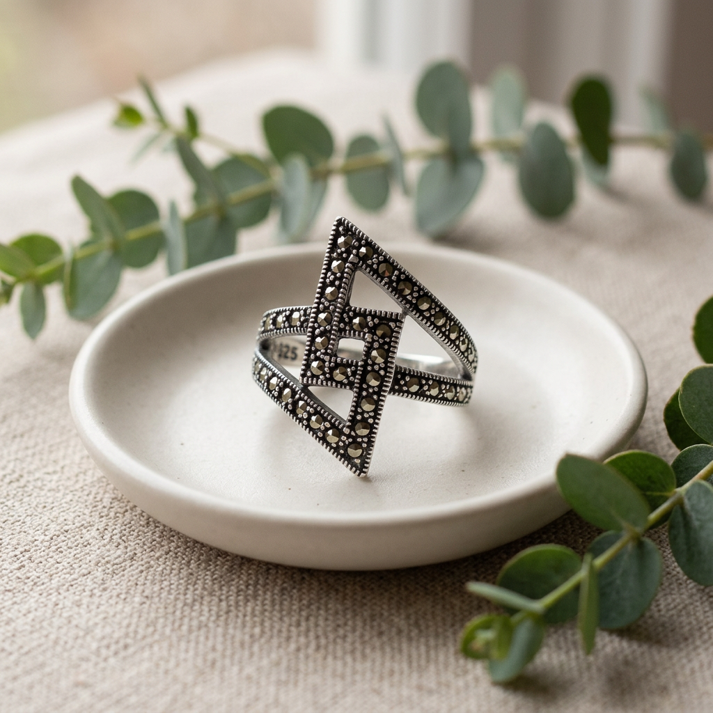 Sterling Silver Oxidized Marcasite Geometric Lightning Bypass Statement Ring for Women life2
