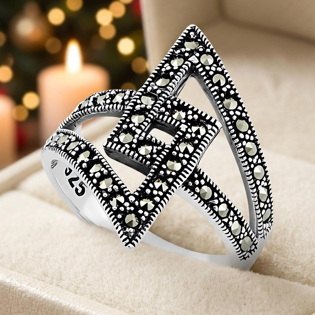 Sterling Silver Oxidized Marcasite Geometric Lightning Bypass Statement Ring for Women life3