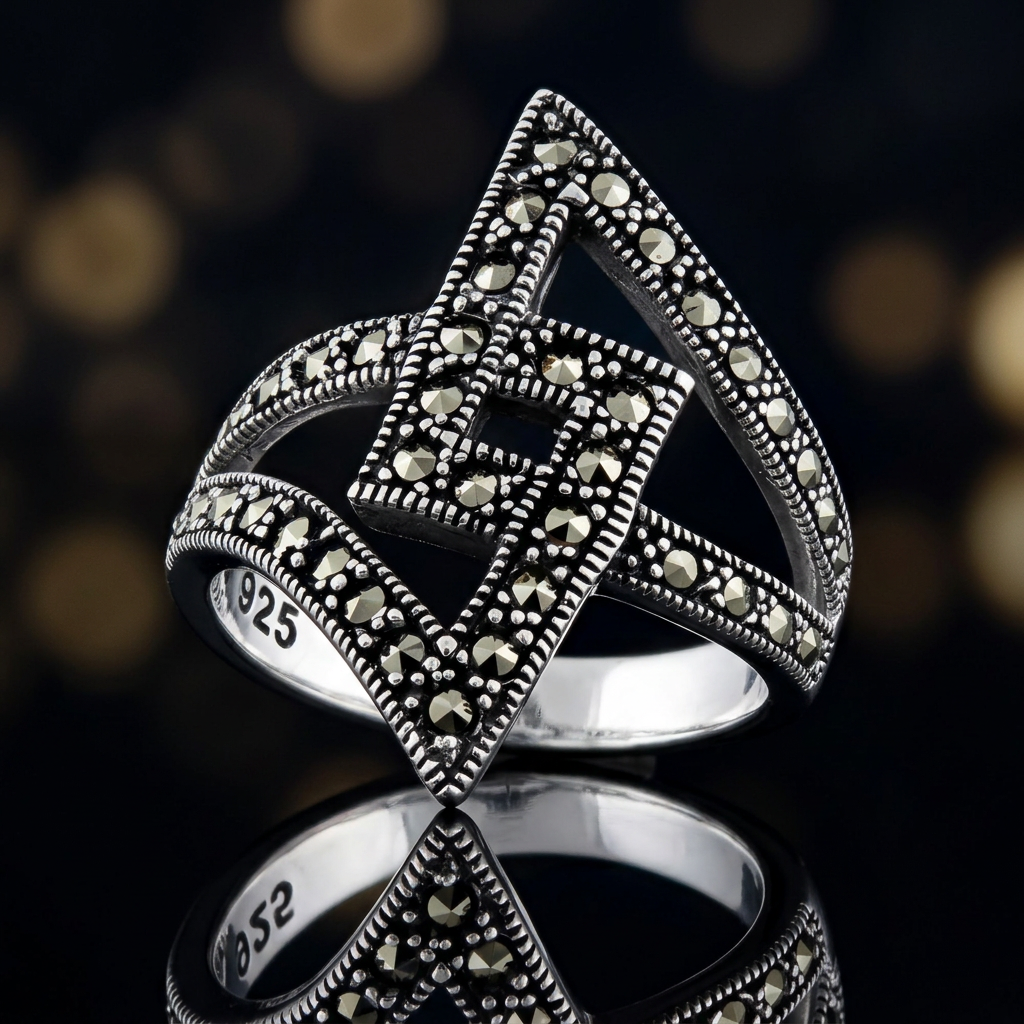 Sterling Silver Oxidized Marcasite Geometric Lightning Bypass Statement Ring for Women life4