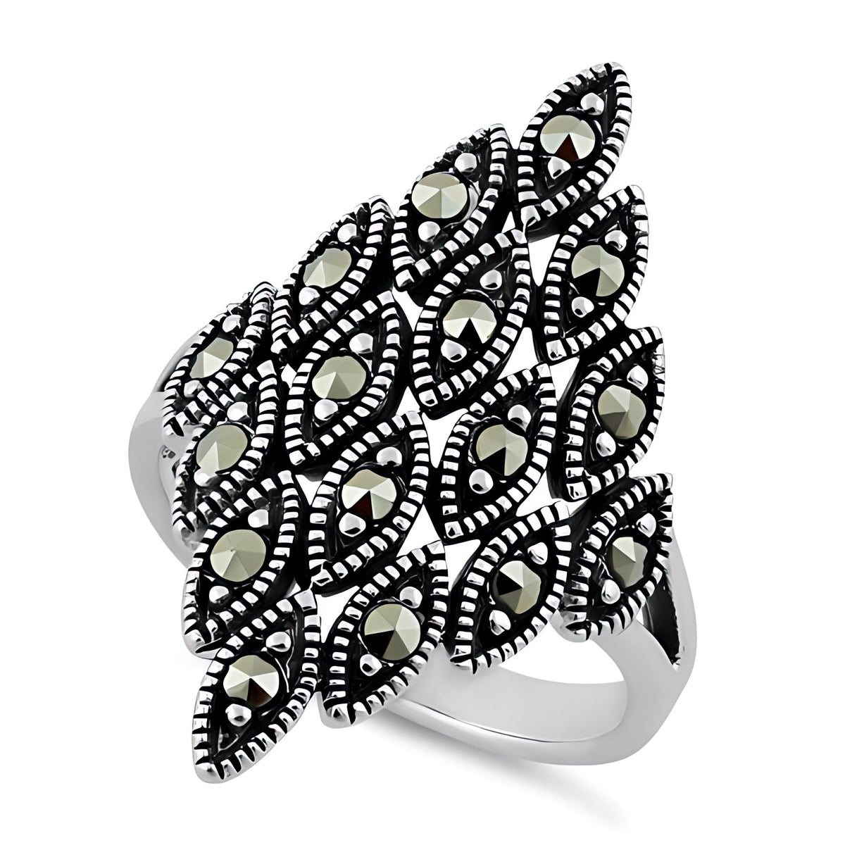 Sterling Silver Marcasite Marquise Cluster Long Shield Statement Ring for Women