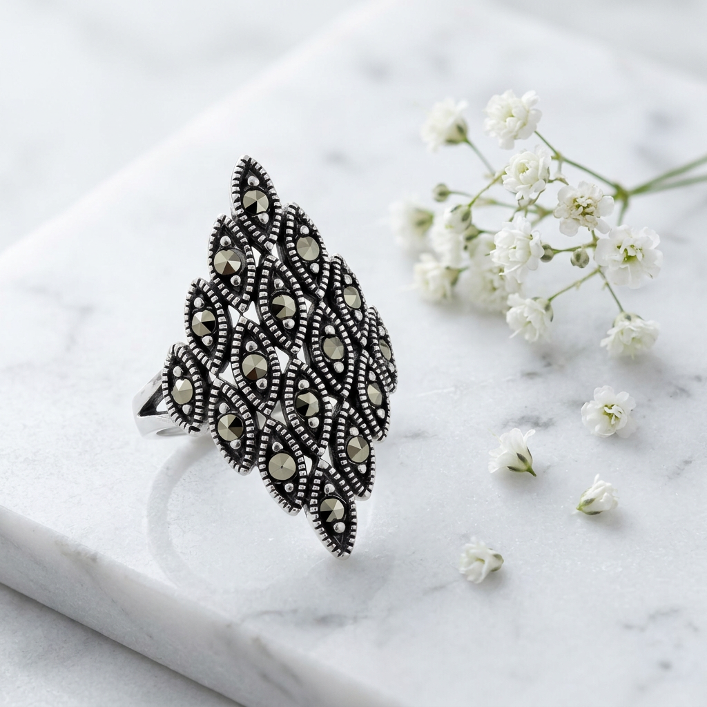 Sterling Silver Marcasite Marquise Cluster Long Shield Statement Ring for Women life1