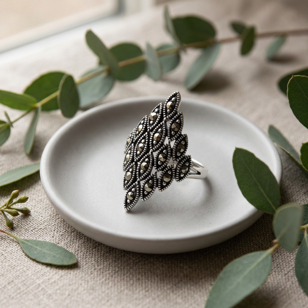 Sterling Silver Marcasite Marquise Cluster Long Shield Statement Ring for Women life2