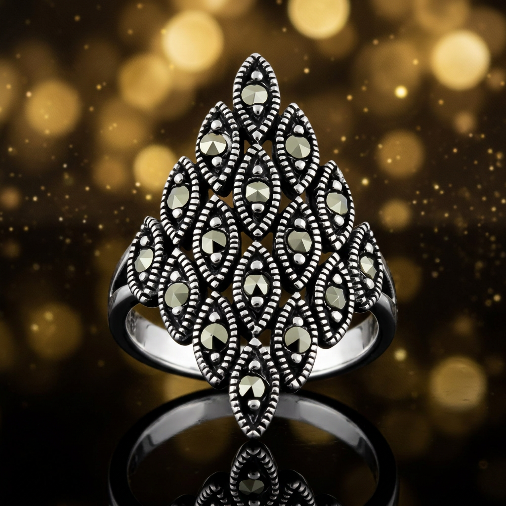 Sterling Silver Marcasite Marquise Cluster Long Shield Statement Ring for Women life4