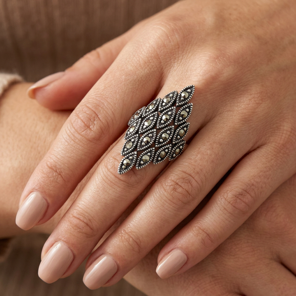 Sterling Silver Marcasite Marquise Cluster Long Shield Statement Ring for Women model