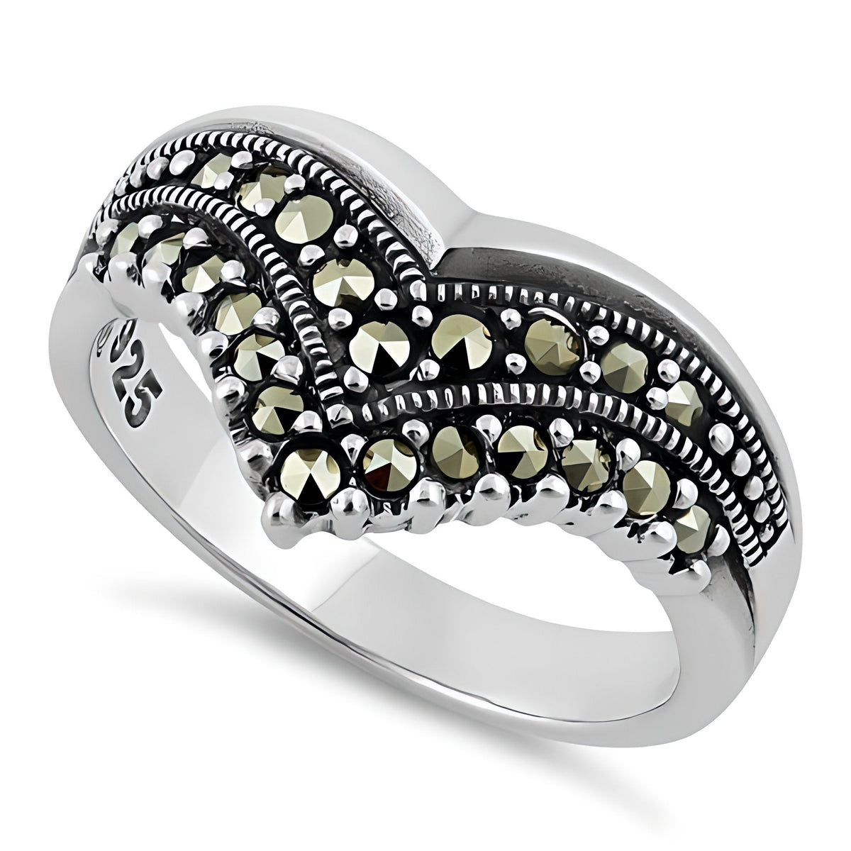 Sterling Silver Marcasite Double Row Chevron V Ring for Women