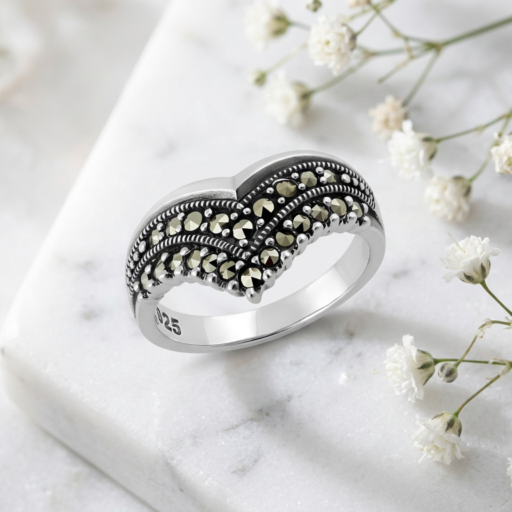 Sterling Silver Marcasite Double Row Chevron V Ring for Women life1
