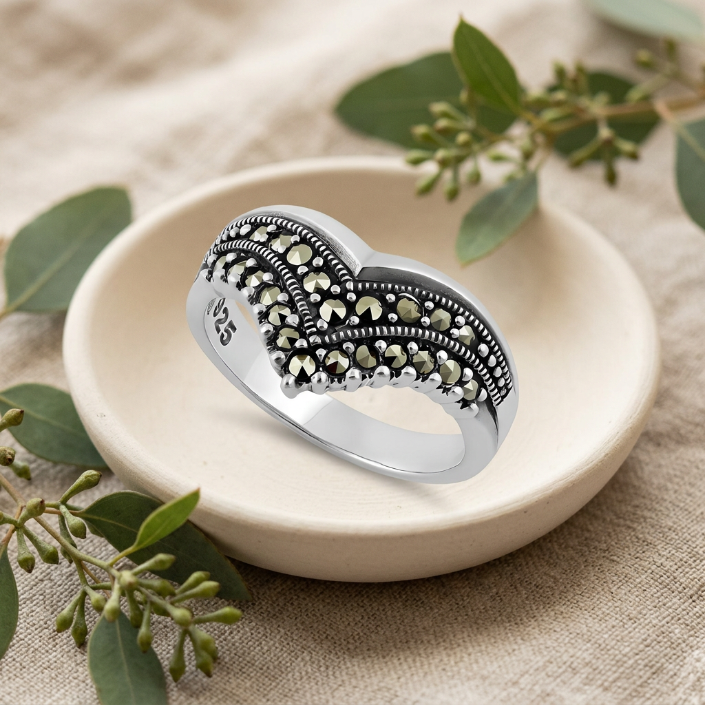 Sterling Silver Marcasite Double Row Chevron V Ring for Women life2