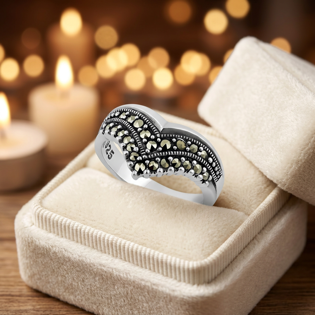 Sterling Silver Marcasite Double Row Chevron V Ring for Women life3