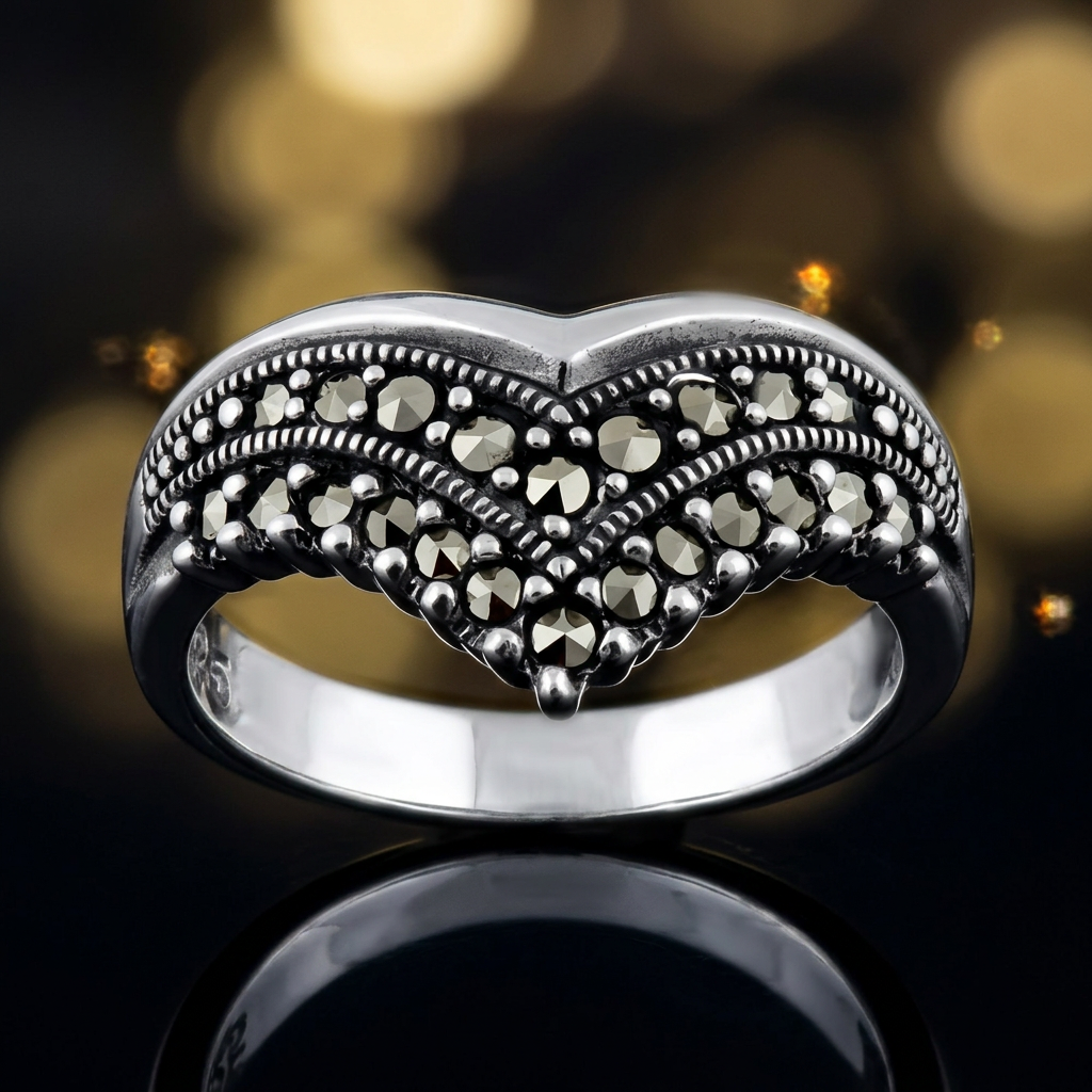 Sterling Silver Marcasite Double Row Chevron V Ring for Women life4