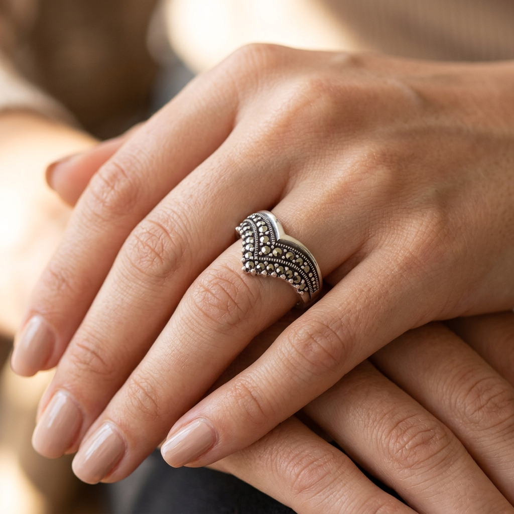Sterling Silver Marcasite Double Row Chevron V Ring for Women model