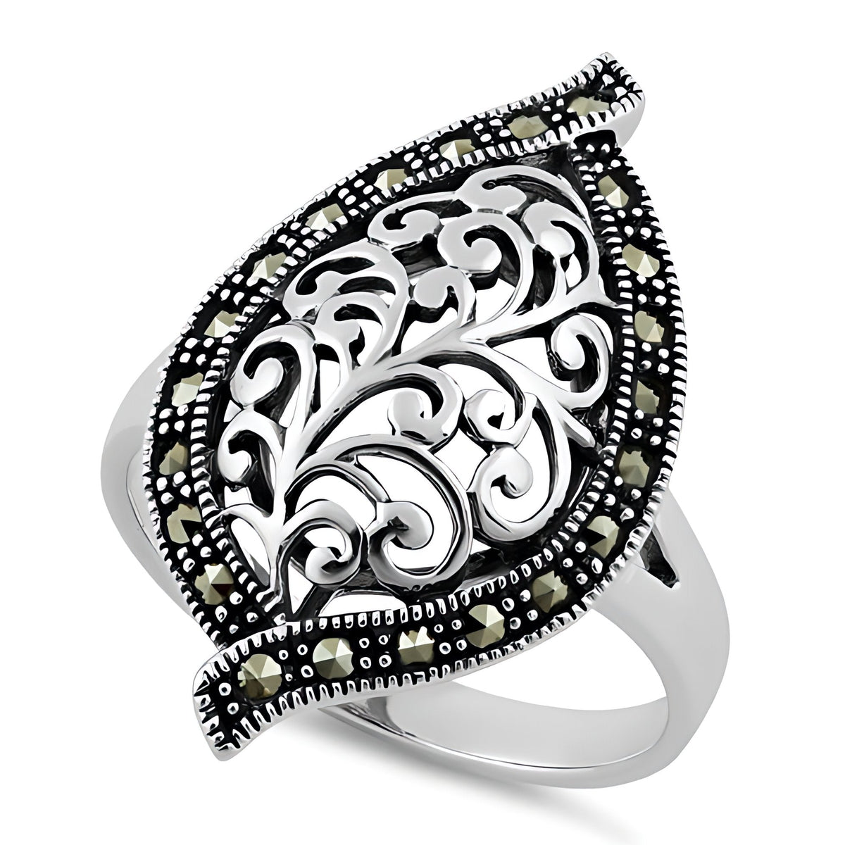 Sterling Silver 25.8mm Marcasite Filigree Leaf Statement Ring for Women