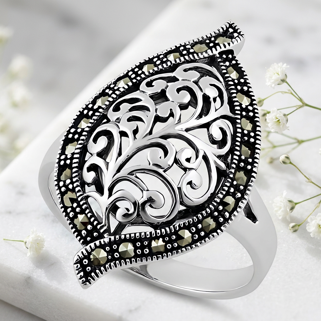 Sterling Silver 25.8mm Marcasite Filigree Leaf Statement Ring for Women life1