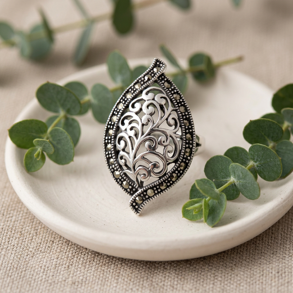 Sterling Silver 25.8mm Marcasite Filigree Leaf Statement Ring for Women life2