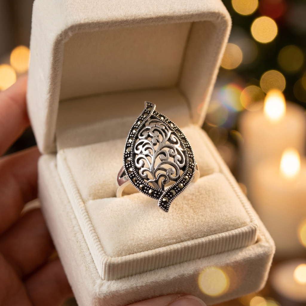 Sterling Silver 25.8mm Marcasite Filigree Leaf Statement Ring for Women life3