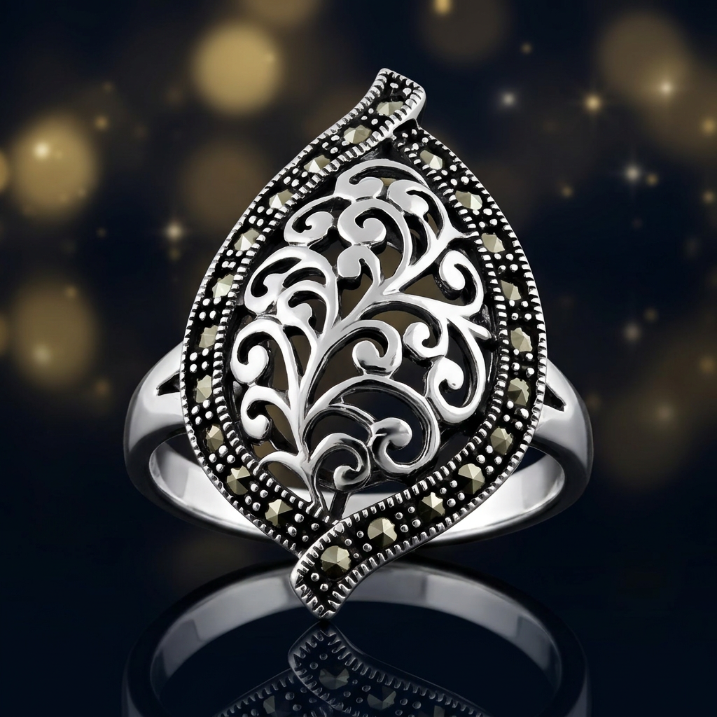 Sterling Silver 25.8mm Marcasite Filigree Leaf Statement Ring for Women life4