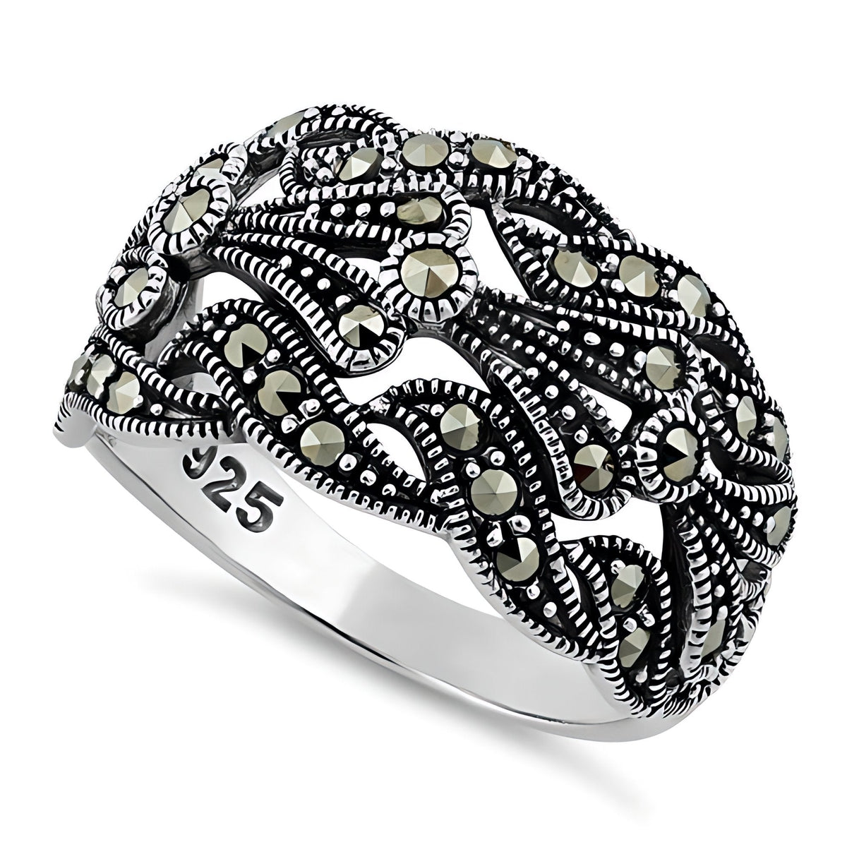 Sterling Silver Marcasite Openwork Wave Dome Cocktail Ring for Women