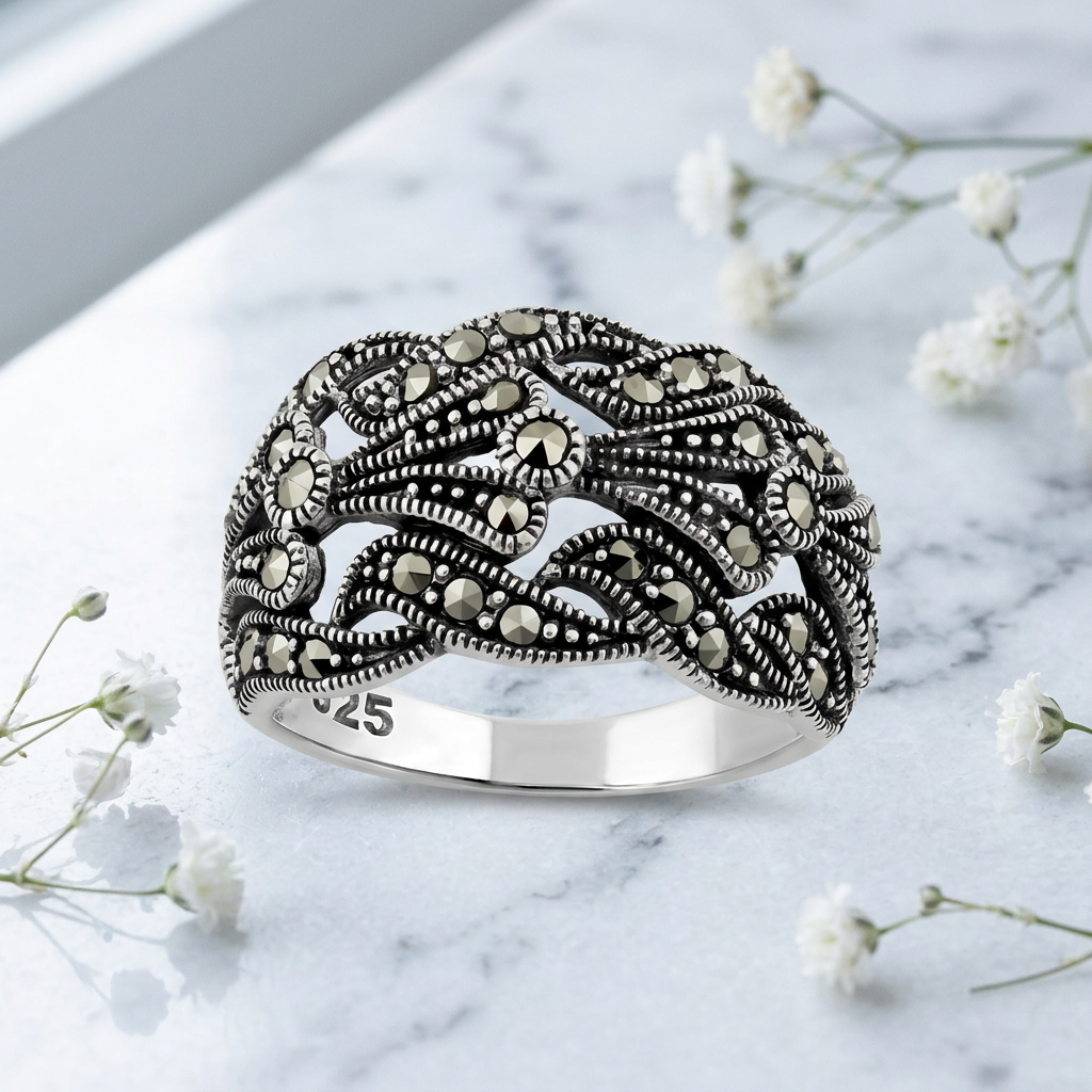 Sterling Silver Marcasite Openwork Wave Dome Cocktail Ring for Women life1