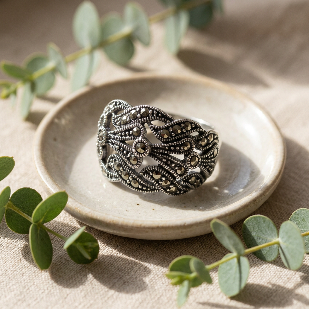 Sterling Silver Marcasite Openwork Wave Dome Cocktail Ring for Women life2