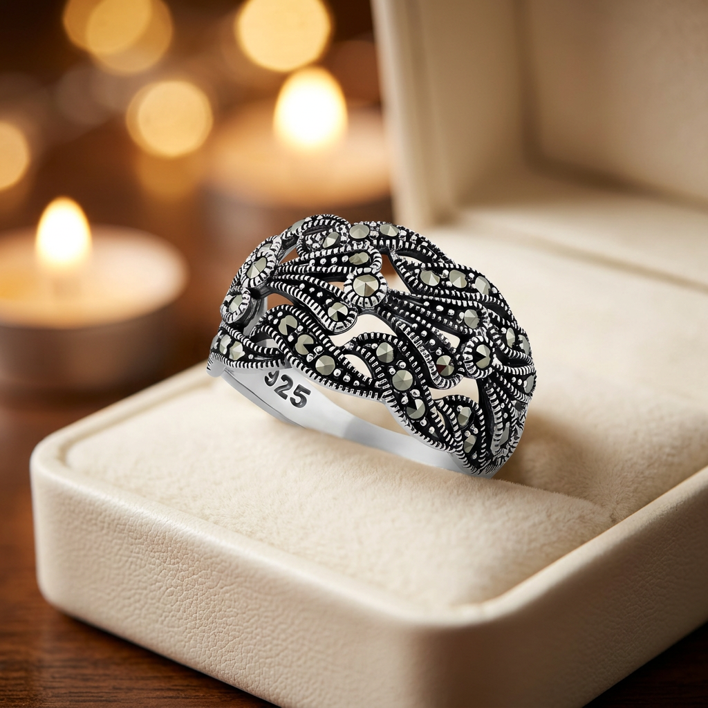 Sterling Silver Marcasite Openwork Wave Dome Cocktail Ring for Women life3