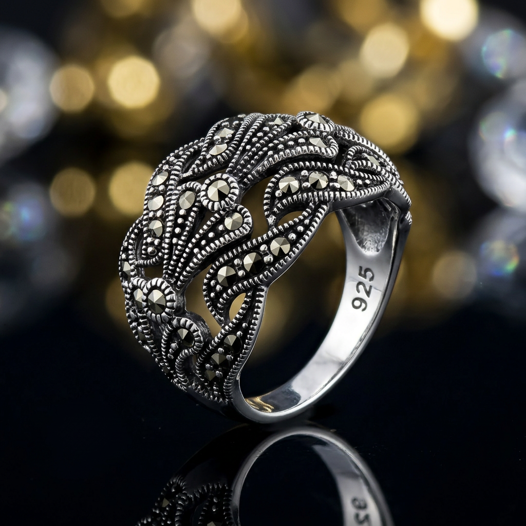 Sterling Silver Marcasite Openwork Wave Dome Cocktail Ring for Women life4
