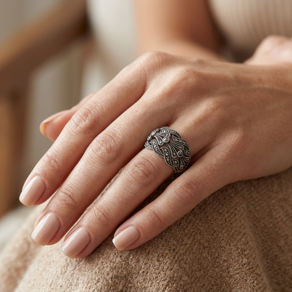 Sterling Silver Marcasite Openwork Wave Dome Cocktail Ring for Women model