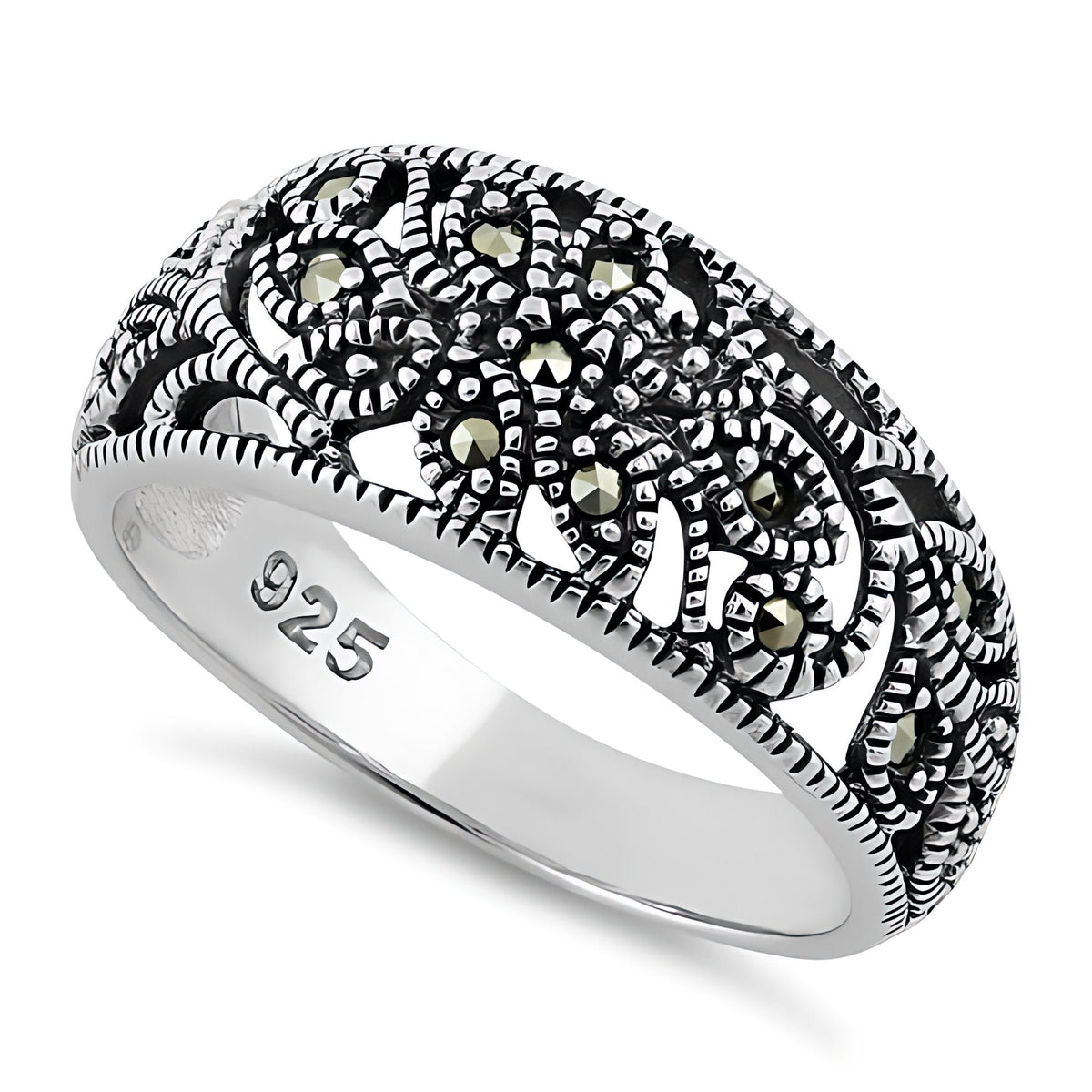 Sterling Silver 4.2mm Oxidized Marcasite Filigree Flower Dome Ring for Women