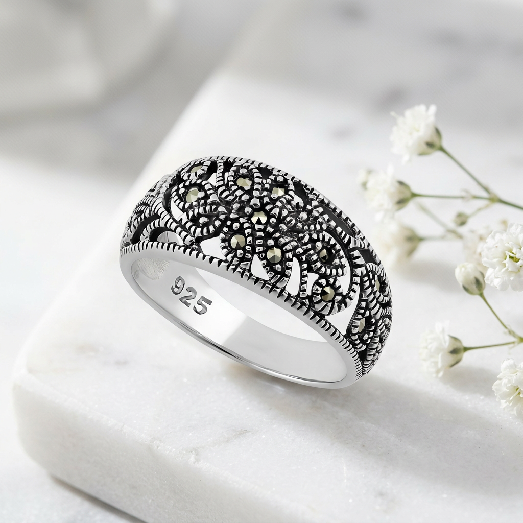 Sterling Silver 4.2mm Oxidized Marcasite Filigree Flower Dome Ring for Women life1