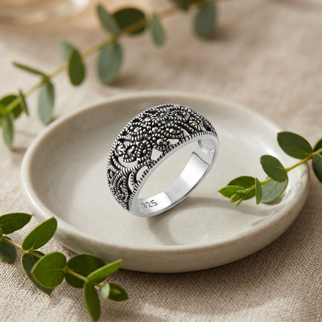 Sterling Silver 4.2mm Oxidized Marcasite Filigree Flower Dome Ring for Women life2