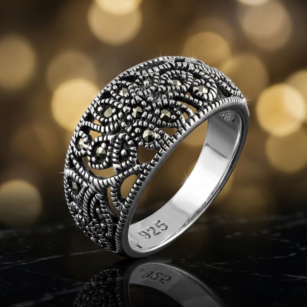 Sterling Silver 4.2mm Oxidized Marcasite Filigree Flower Dome Ring for Women life4