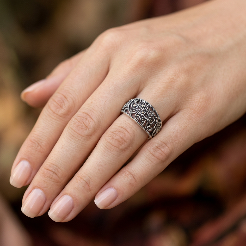 Sterling Silver 4.2mm Oxidized Marcasite Filigree Flower Dome Ring for Women model