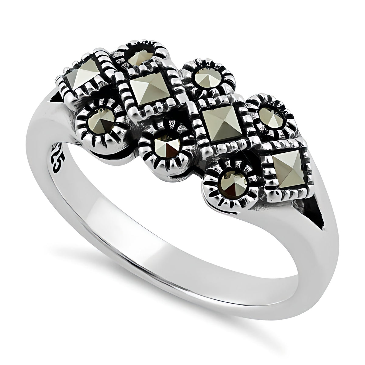 Sterling Silver 2.8mm Marcasite Square and Round Cluster Cocktail Ring for Women