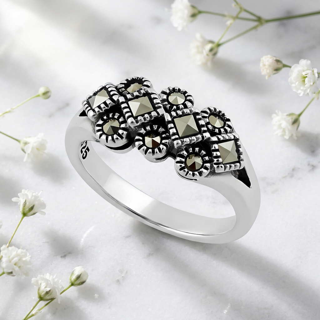 Sterling Silver 2.8mm Marcasite Square and Round Cluster Cocktail Ring for Women life1