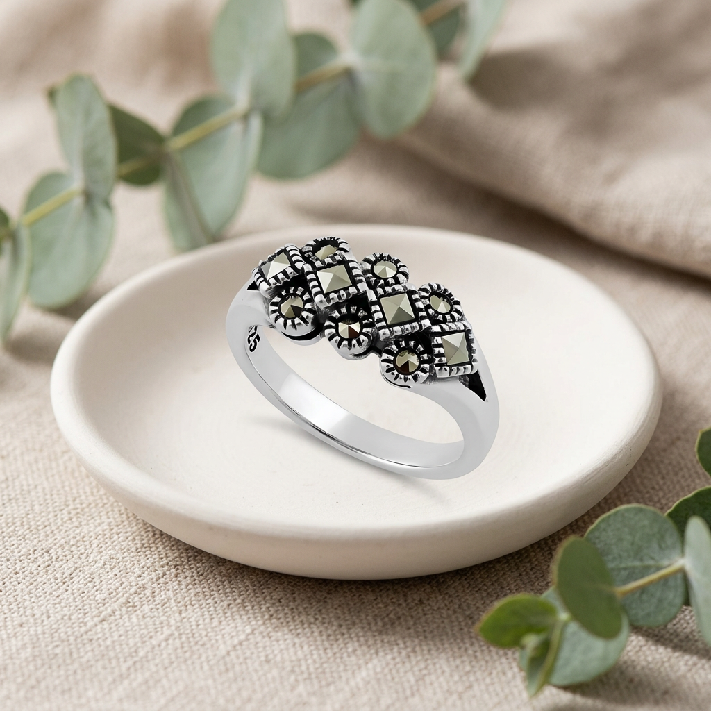 Sterling Silver 2.8mm Marcasite Square and Round Cluster Cocktail Ring for Women life2