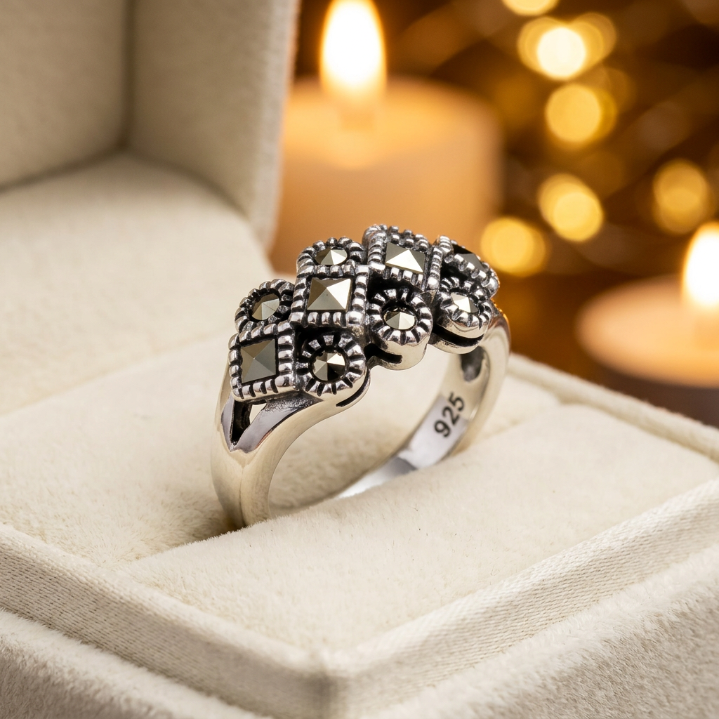 Sterling Silver 2.8mm Marcasite Square and Round Cluster Cocktail Ring for Women life3