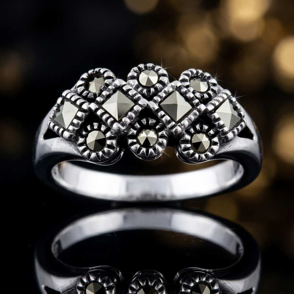 Sterling Silver 2.8mm Marcasite Square and Round Cluster Cocktail Ring for Women life4