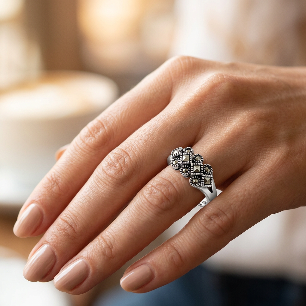 Sterling Silver 2.8mm Marcasite Square and Round Cluster Cocktail Ring for Women model