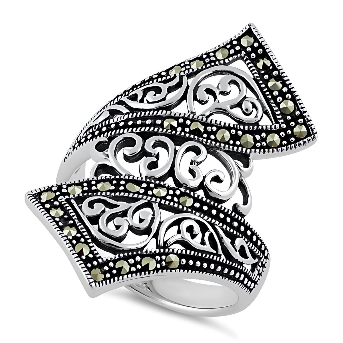 Sterling Silver Marcasite Filigree Scroll Bypass Statement Ring for Women
