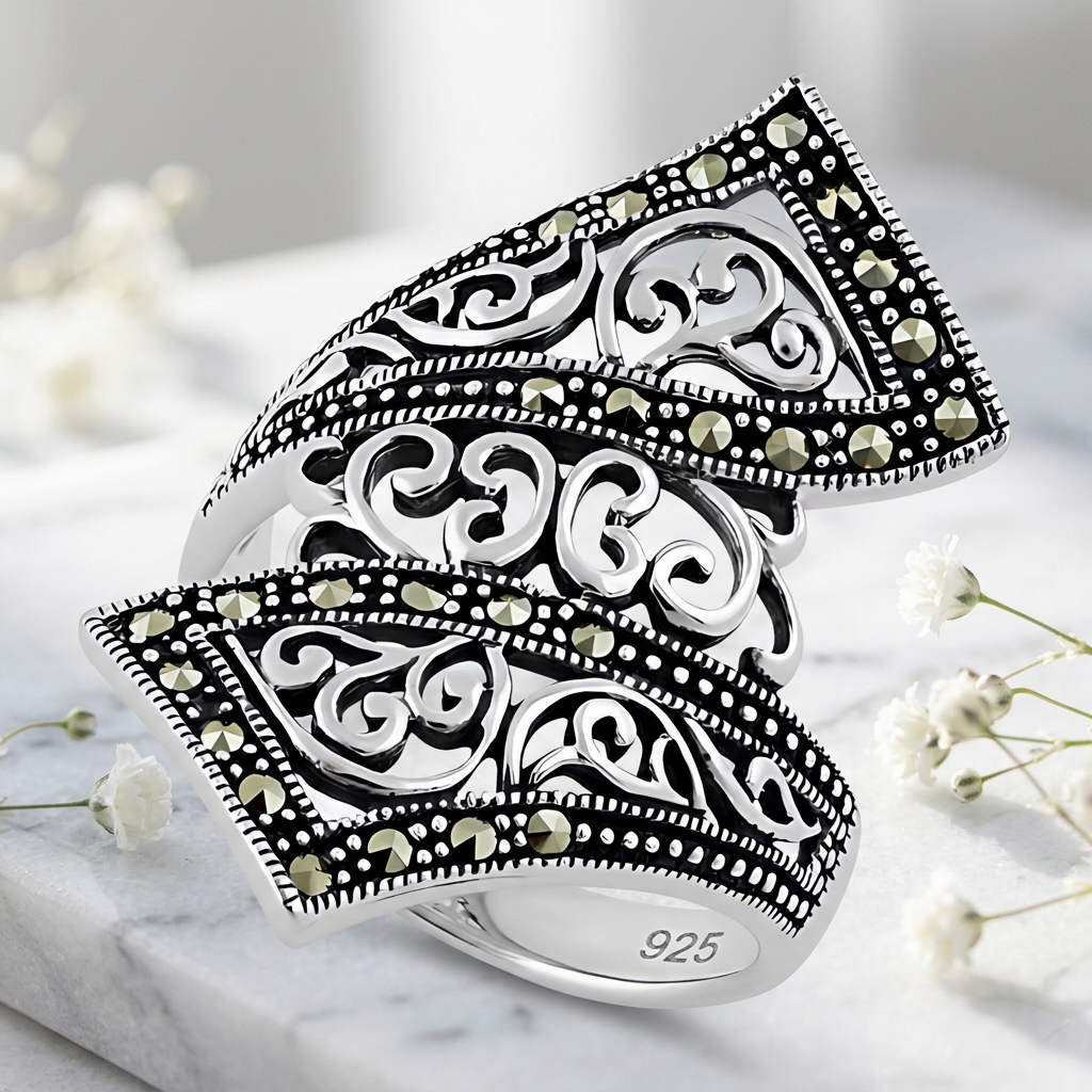 Sterling Silver Marcasite Filigree Scroll Bypass Statement Ring for Women life1